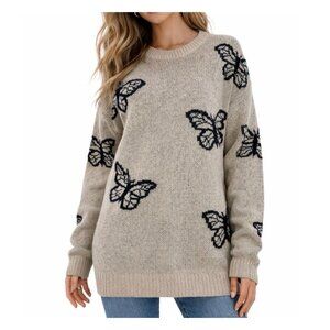 JUST POLLY Juniors' Butterfly Crewneck Pullover Sweater SZ MD Tan & Black